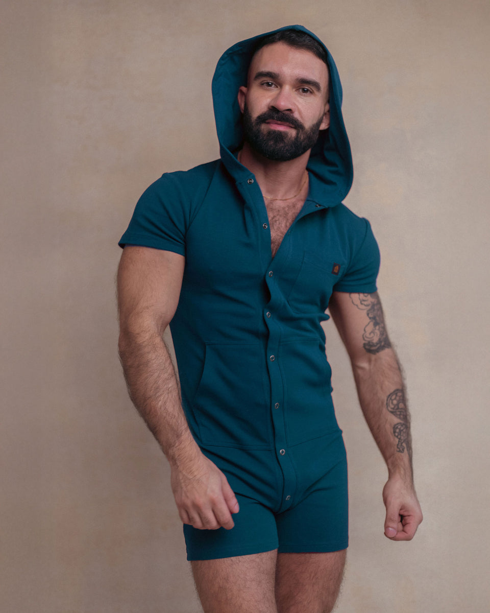 Short Sleeve Hooded Union Suit - Teal – Den Loungewear