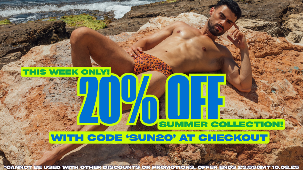 Man lying on rocks with promotional text overlay for a 20% off summer collection discount.
